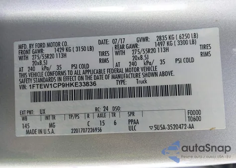 2017 Ford F-150 Xlt z USA, uszkodzony, nr VIN 1FTEW1CP9HKE33836